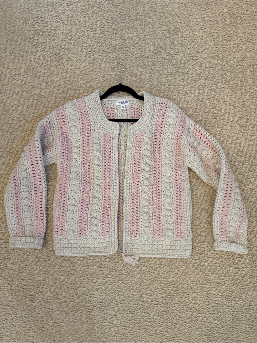 Allison Joy Cream & Pink Crochet Zip Vest